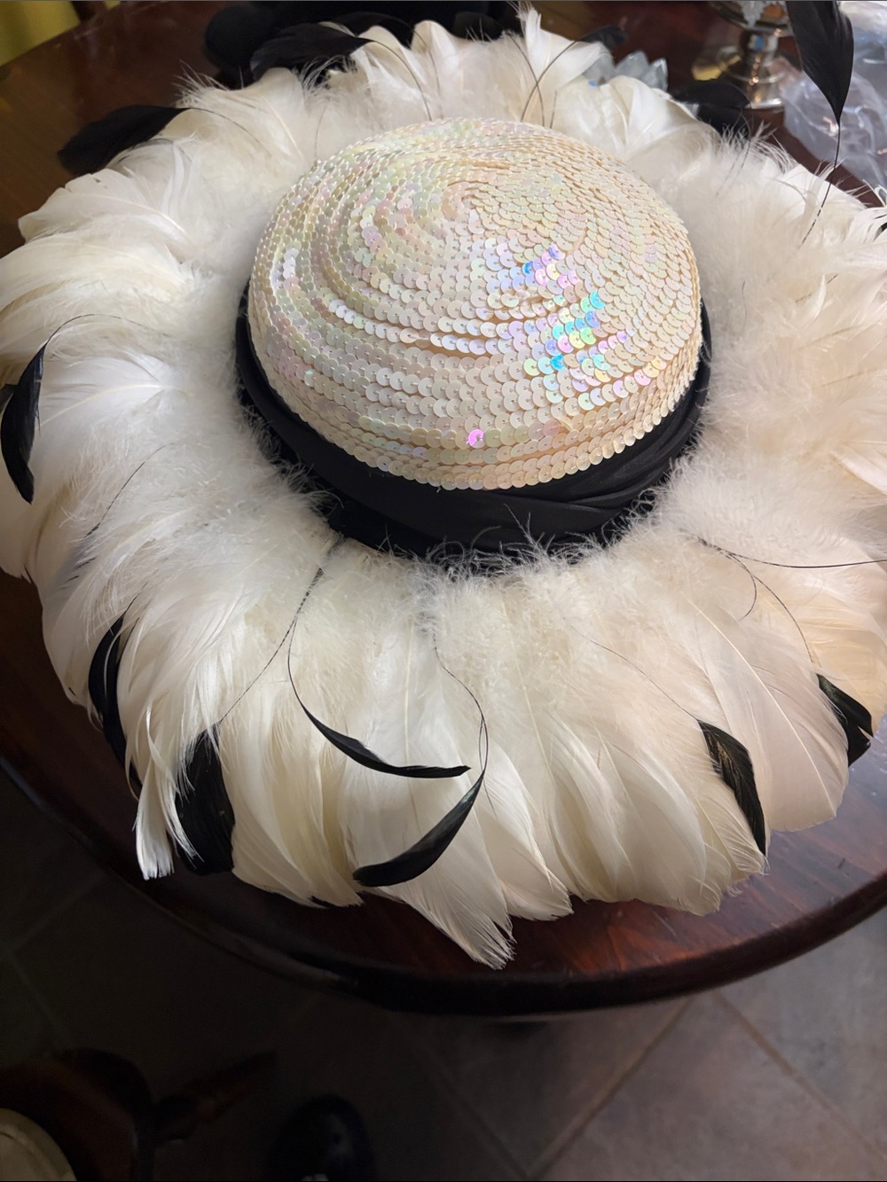 Ivory Sequin Pillbox Hat with Black Trim and Feather Halo